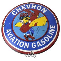 Vintage Chevron Gasoline Sign Airplane Cartoon Aviation Gas Ad Porcelain Sign