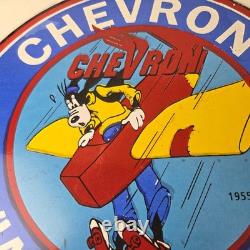 Vintage Chevron Gasoline Sign Airplane Cartoon Aviation Gas Ad Porcelain Sign