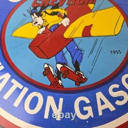 Vintage Chevron Gasoline Sign Airplane Cartoon Aviation Gas Ad Porcelain Sign