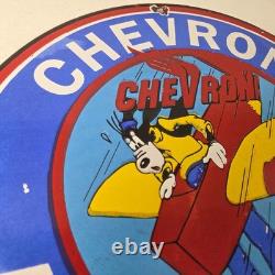 Vintage Chevron Gasoline Sign Airplane Cartoon Aviation Gas Ad Porcelain Sign