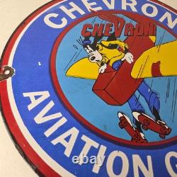 Vintage Chevron Gasoline Sign Airplane Cartoon Aviation Gas Ad Porcelain Sign