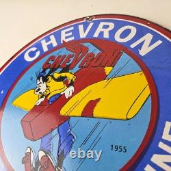 Vintage Chevron Gasoline Sign Airplane Cartoon Aviation Gas Ad Porcelain Sign