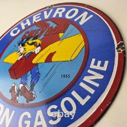 Vintage Chevron Gasoline Sign Airplane Cartoon Aviation Gas Ad Porcelain Sign