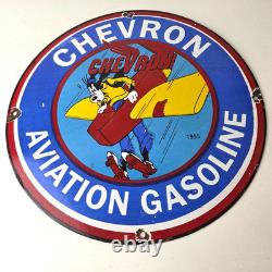 Vintage Chevron Gasoline Sign Airplane Cartoon Aviation Gas Ad Porcelain Sign