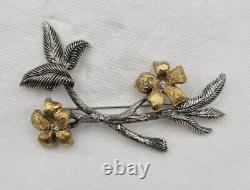 Vintage Christian Dior Signed Gold Silver Tone Flower Leaf Branch Brooch Pin