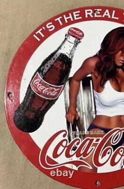 Vintage Coca Cola Drink Porcelain Pinup Girl Naked Gas Oil Soda Beverage Ad Sign
