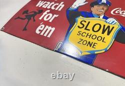 Vintage Coca Cola Porcelain Metal Sign Slow School Zone Officer Enamel 20 x 13