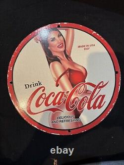 Vintage Coca Cola Porcelain Pinup Girl Gas Oil Drink Beverage Soda Pump Ad Sign