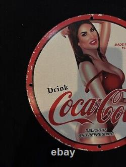 Vintage Coca Cola Porcelain Pinup Girl Gas Oil Drink Beverage Soda Pump Ad Sign