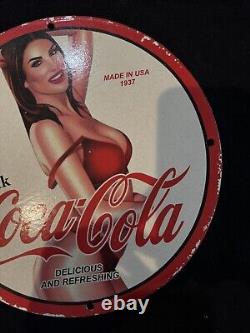 Vintage Coca Cola Porcelain Pinup Girl Gas Oil Drink Beverage Soda Pump Ad Sign