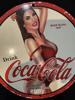 Vintage Coca Cola Porcelain Pinup Girl Gas Oil Drink Beverage Soda Pump Ad Sign