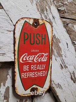 Vintage Coca-cola Porcelain Soda Sign Door Palm Push Beverage Advertising Gas