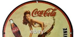Vintage Cocacola Soda Pinup Girl Gas Pump Oil Garage Service Metal Plate Sign