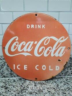 Vintage Coke Porcelain Sign Gas Coca Cola Oil Beverage Rodeo Ice Cold Soda Bottl