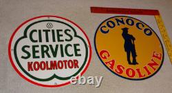 Vintage Conoco Gasoline Minuteman +cities Service Koolmotor Porcelain Metal Sign