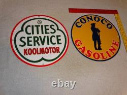 Vintage Conoco Gasoline Minuteman +cities Service Koolmotor Porcelain Metal Sign