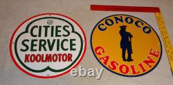 Vintage Conoco Gasoline Minuteman +cities Service Koolmotor Porcelain Metal Sign