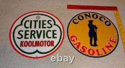 Vintage Conoco Gasoline Minuteman +cities Service Koolmotor Porcelain Metal Sign