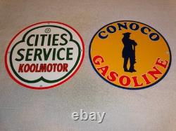 Vintage Conoco Gasoline Minuteman +cities Service Koolmotor Porcelain Metal Sign