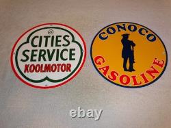Vintage Conoco Gasoline Minuteman +cities Service Koolmotor Porcelain Metal Sign