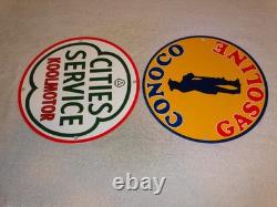 Vintage Conoco Gasoline Minuteman +cities Service Koolmotor Porcelain Metal Sign
