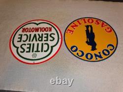 Vintage Conoco Gasoline Minuteman +cities Service Koolmotor Porcelain Metal Sign