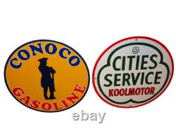 Vintage Conoco Gasoline Minuteman +cities Service Koolmotor Porcelain Metal Sign