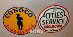 Vintage Conoco Gasoline Minuteman +cities Service Koolmotor Porcelain Metal Sign