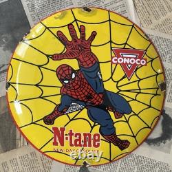 Vintage Conoco N-tane Gas Spider Man 12 Inch Convex Porcelain Enamel Sign