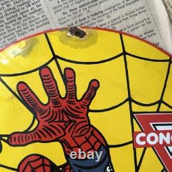 Vintage Conoco N-tane Gas Spider Man 12 Inch Convex Porcelain Enamel Sign