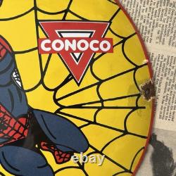 Vintage Conoco N-tane Gas Spider Man 12 Inch Convex Porcelain Enamel Sign