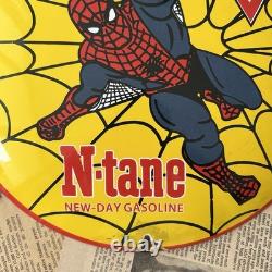 Vintage Conoco N-tane Gas Spider Man 12 Inch Convex Porcelain Enamel Sign