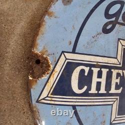Vintage Convex Chevrolet Part Old Us Gasoline Oil Gas Pump Enamel Porcelain Sign