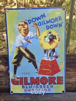 Vintage Dated 1946 Gilmore Gasoline Motor Oil Porcelain Enamel Gas Sign 12 X 8