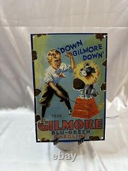 Vintage Dated 1946 Gilmore Gasoline Motor Oil Porcelain Enamel Gas Sign 12 X 8