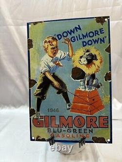 Vintage Dated 1946 Gilmore Gasoline Motor Oil Porcelain Enamel Gas Sign 12 X 8