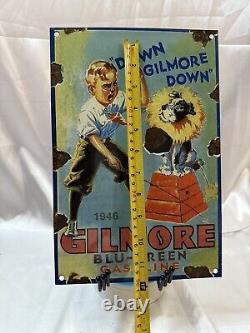 Vintage Dated 1946 Gilmore Gasoline Motor Oil Porcelain Enamel Gas Sign 12 X 8