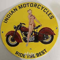 Vintage Dated 1972 Porcelain Indian Motorcycles Gas And Oil Pin Up Sign