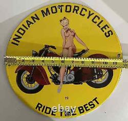 Vintage Dated 1972 Porcelain Indian Motorcycles Gas And Oil Pin Up Sign