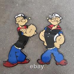 Vintage Die Cut Popeye Old Us Gasoline Oil Gas Pump Enamel Porcelain Sign