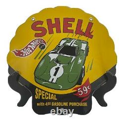 Vintage Die Cut''shell Hot Wheels'' Gas & Oil Plate 12 Inch Porcelain Sign