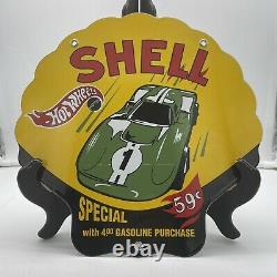 Vintage Die Cut''shell Hot Wheels'' Gas & Oil Plate 12 Inch Porcelain Sign