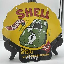 Vintage Die Cut''shell Hot Wheels'' Gas & Oil Plate 12 Inch Porcelain Sign