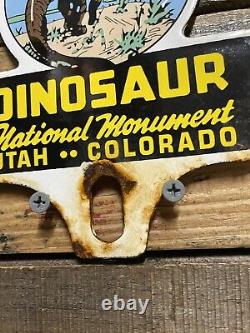 Vintage Dinosaur National Monument Porcelain Advertising Sign Park Topper. Gas