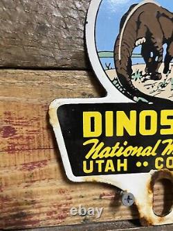 Vintage Dinosaur National Monument Porcelain Advertising Sign Park Topper. Gas