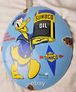 Vintage Disney Sunoco Donald Duck Porcelain Sign Pump Plate Gas Station Oil Lube