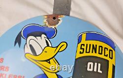 Vintage Disney Sunoco Donald Duck Porcelain Sign Pump Plate Gas Station Oil Lube