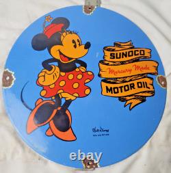 Vintage Disney Sunoco Minnie Mouse Porcelain Sign Pump Plate Gas Station Oil Lub