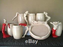 Vintage Dorothy Kindell Risque Nude Lady Mugs Set of 6 + Ashtray Signed 1950s