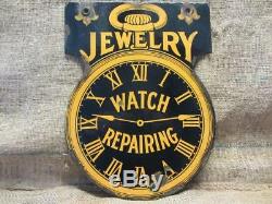Vintage Double Sided Porcelain Watch Repair Jewery Sign Antique RARE Heavy 9875